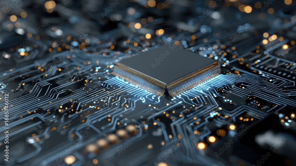 Poster close-up view of a microchip on a circuit board during digital technology exploration