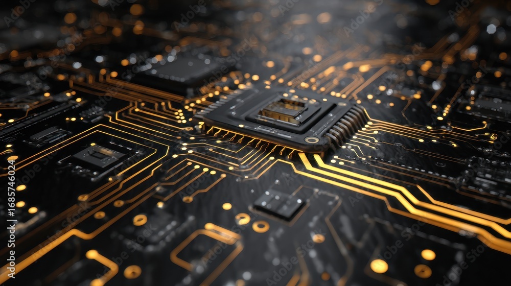Poster close-up view of an intricate circuit board showcasing electronic components and connections in rich