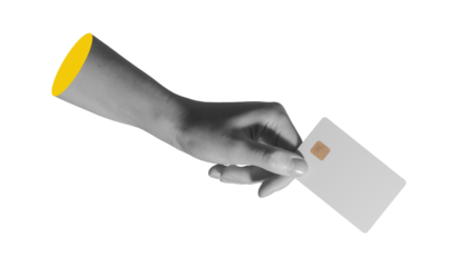 Credit card with golden chip in human hand, isolated symbol of finance and payments..