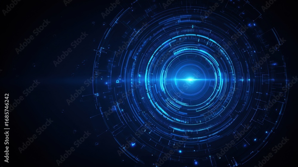 Poster dynamic blue circular design featuring high-tech patterns and glowing elements in a dark background