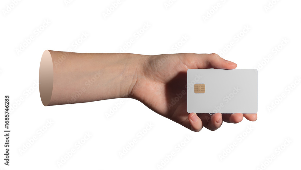 Poster hand carefully presenting smart card with microchip, isolated on plain white background..