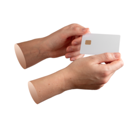 Elegant hand with plastic credit card chip facing front, isolated on white background..