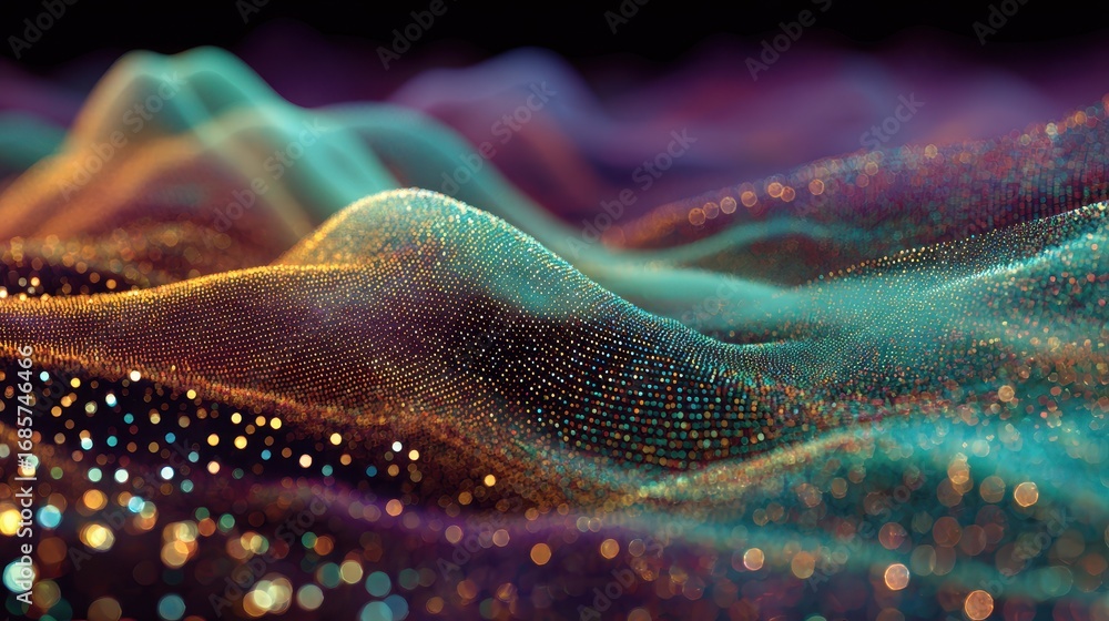 Poster colorful abstract waves created with digital particles illuminating a dark background