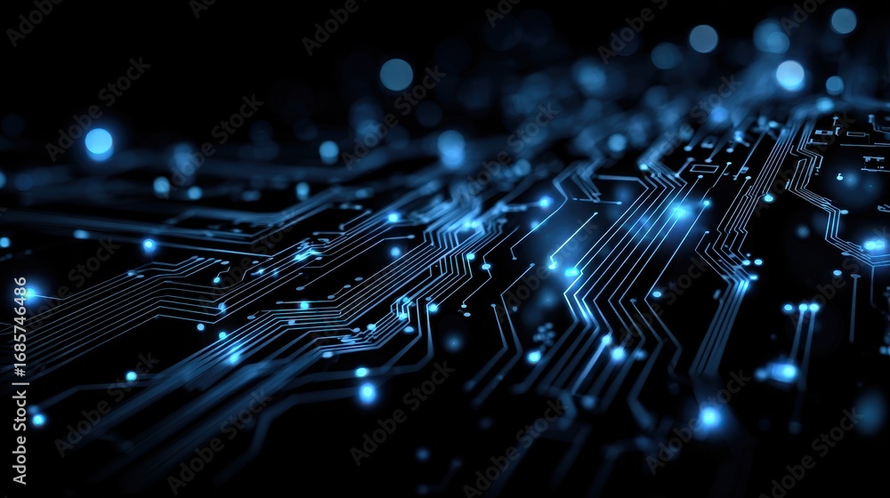 Poster blue glowing circuit board with intricate connections and glowing nodes illuminated in dark backgrou
