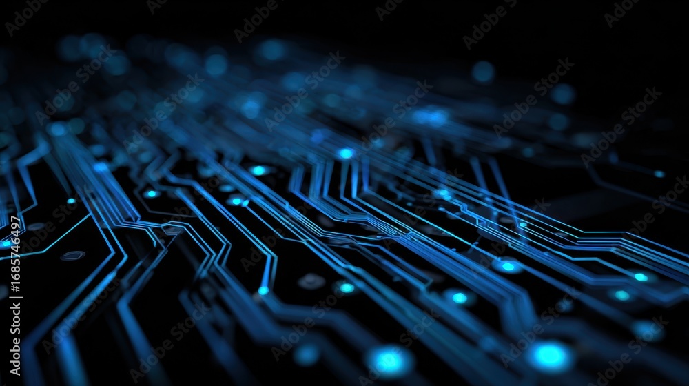 Poster circuit board design showcases intricate pathways and luminous connections reflecting advanced techn