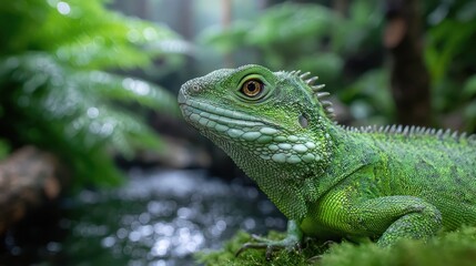 Green Water Dragon Lizard Close-Up Portrait in Lush Tropical Environment