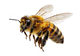 Close up macro shot of a honey bee isolated on transparent background