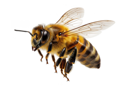 Close up macro shot of a honey bee isolated on transparent background