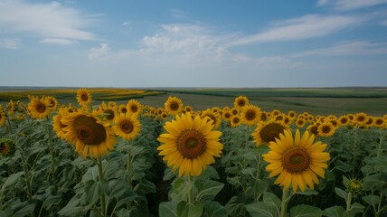 Fototapeta premium Sunflower field landscape scenic view under blue sky summer agriculture farming background nature