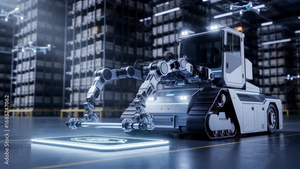 Poster robotic tug executing wireless charger pad setup with precision in futuristic warehouse showcasing s