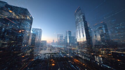 Obraz premium Night skyline view of a modern city illuminated by lights during twilight with futuristic aesthetics