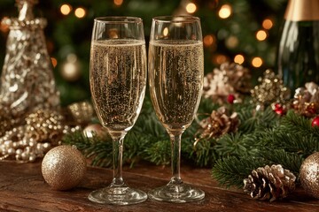 Festive celebration with sparkling drinks and holiday decorations on a wooden table
