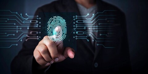 Futuristic Digital Fingerprint Lock with Cybersecurity Circuit Background.