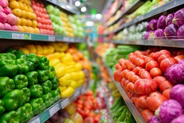 Colorful assortment of fresh vegetables displayed in a grocery store aisle