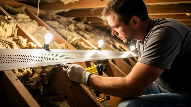 DIY homeowner using compact staple gun to attach ventilation strips between attic joists for improved insulation airflow control.