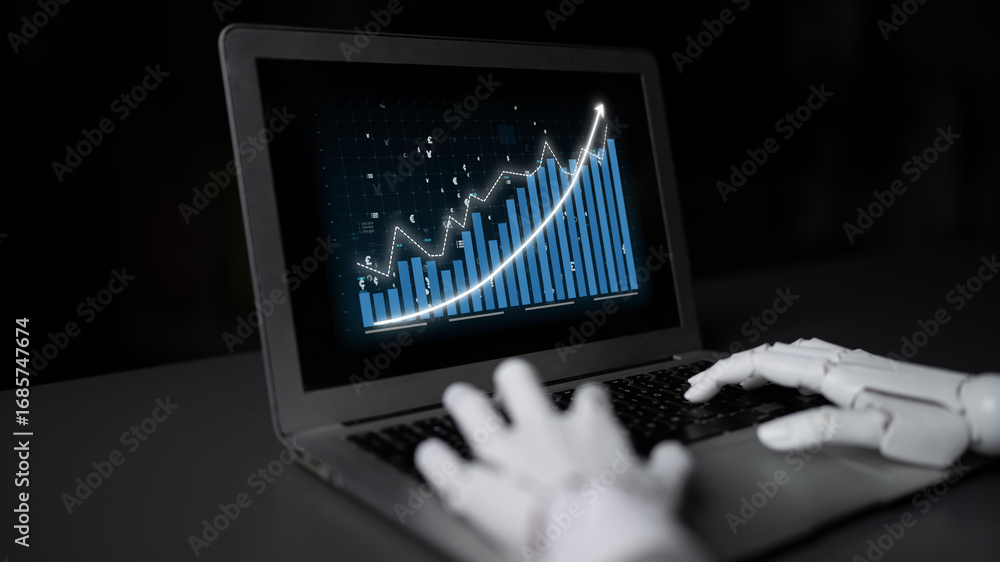 Poster a robotic hand interacts with a laptop screen displaying an upward graph, symbolizing the role of ar