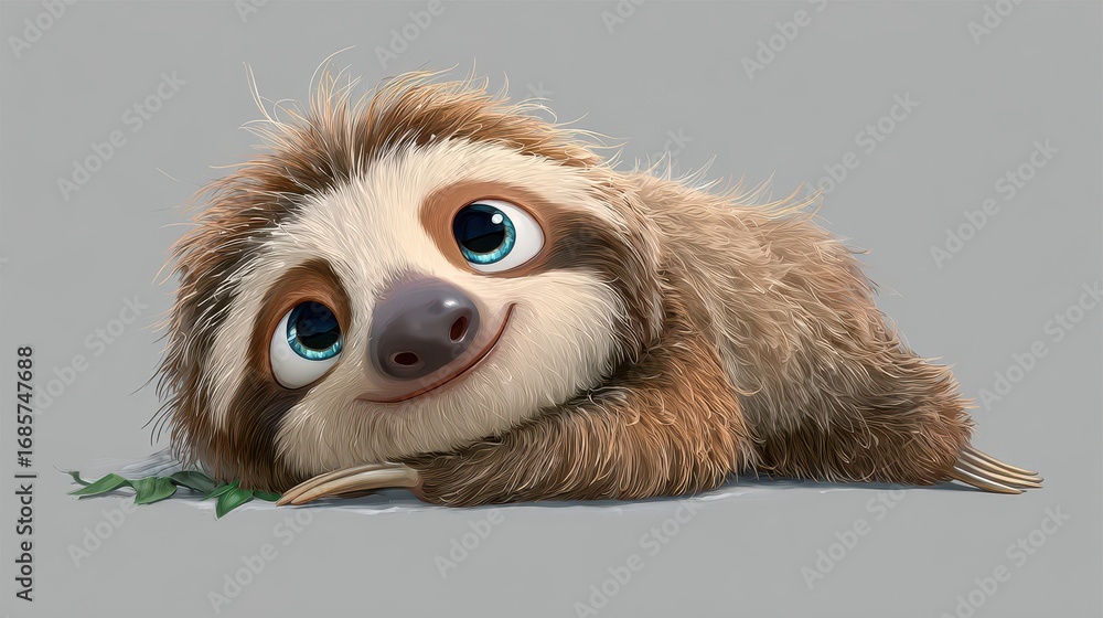 Poster cute animated sloth relaxing with a friendly expression in a playful pose on a neutral background