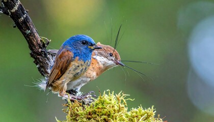 Two small birds perched on moss-covered branch in forest setting, one holding nesting material in beak, captured in vivid detail and natural light