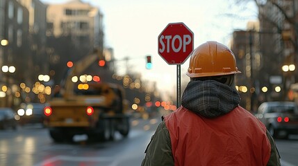 Construction worker guides traffic at busy city intersection during early morning hours with stop sign