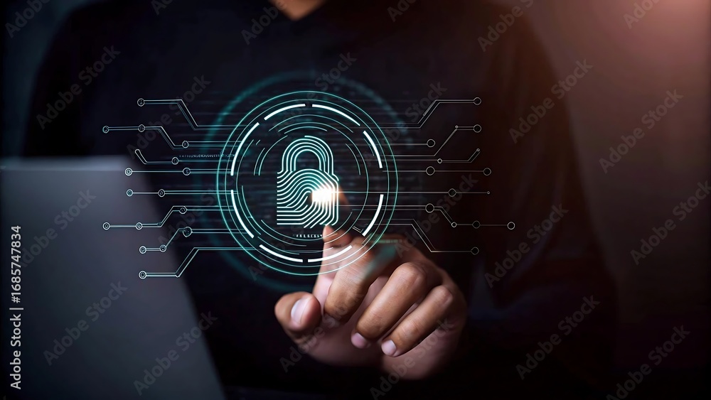 Poster futuristic digital fingerprint lock with cybersecurity circuit background.