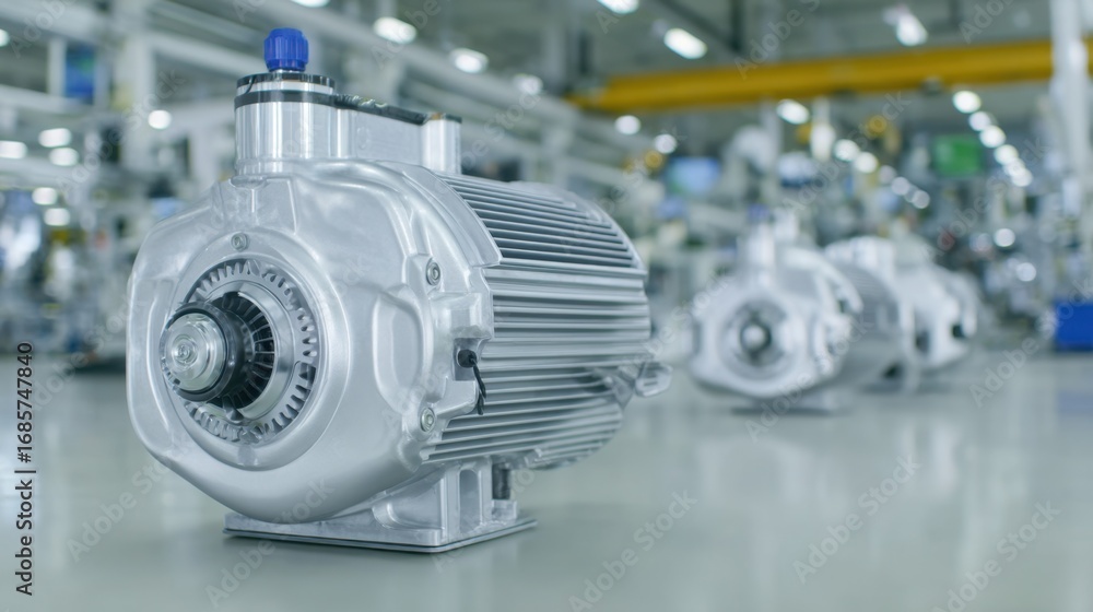 Poster medium shot of an electric motor assembly in sharp focus showcasing sleek design and clean lines whi
