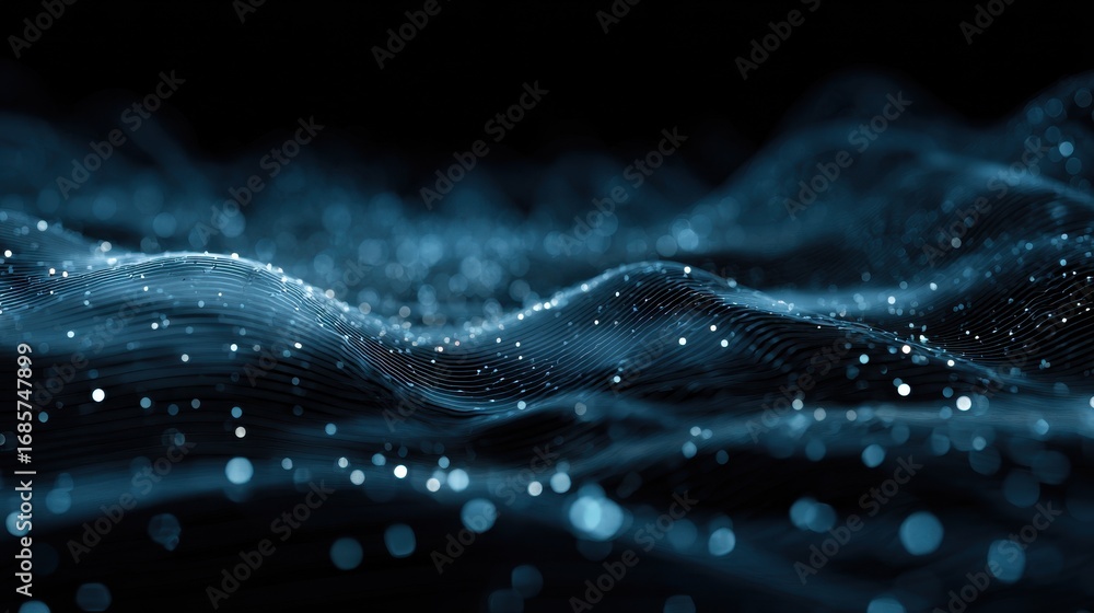 Poster waves of light particles create a mesmerizing visual in a dark atmosphere filled with movement and e