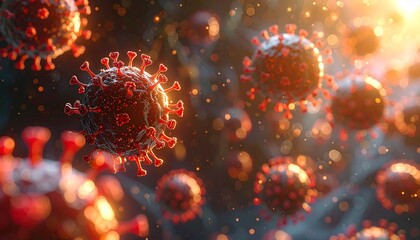 3D Illustration of SARS-CoV-2 Coronavirus Particles with Red Spike Proteins in Microscopic Cellular Environment &ndash; COVID-19 Virus Visualization