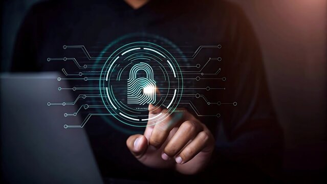 Futuristic Digital Fingerprint Lock with Cybersecurity Circuit Background.