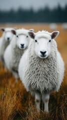 Fototapeta premium Flock of Sheep Standing in Grassy Field on a Rainy Day