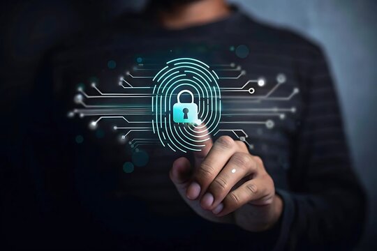 Futuristic Digital Fingerprint Lock with Cybersecurity Circuit Background.