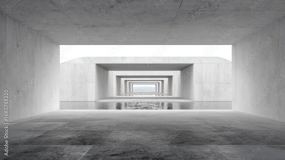 Poster modern architectural structure with expansive light and serene water reflections in a minimalist des