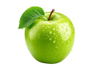 Fresh green apple with water droplets and leaf, Isolated On white, Png Transparent