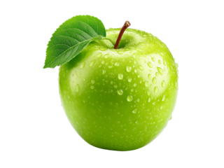Fresh green apple with water droplets and leaf, Isolated On white, Png Transparent
