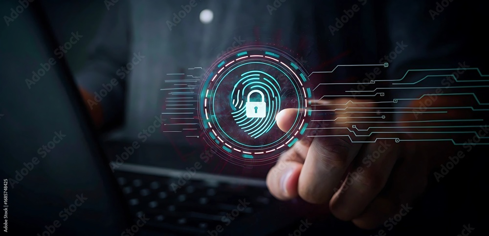 Poster futuristic digital fingerprint lock with cybersecurity circuit background.