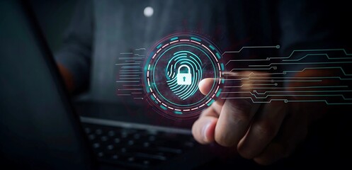 Futuristic Digital Fingerprint Lock with Cybersecurity Circuit Background.