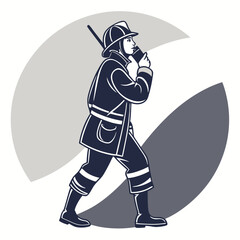 Obraz premium Firefighter talking on radio with circular background Keywords: firefighter, fire, emergency