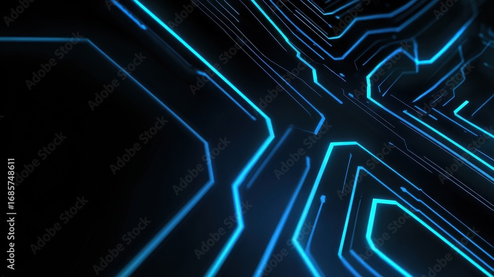 Poster vibrant blue circuit patterns with glowing lines on a dark background showcasing technology and inno