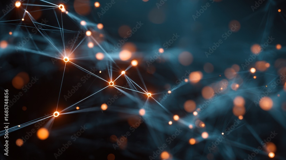 Poster visual representation of interconnected nodes and lines showcasing a digital network in a modern, ab