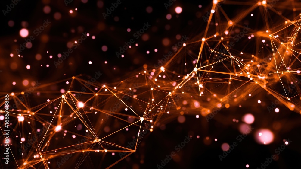 Poster dynamic flow of glowing particles and lines creating an abstract network on a dark background