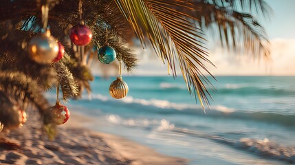Christmas ornaments hanging on tropical palm tree at beach, ocean, sand, sunlight, holidays, exotic, warm, festive and coastal celebration