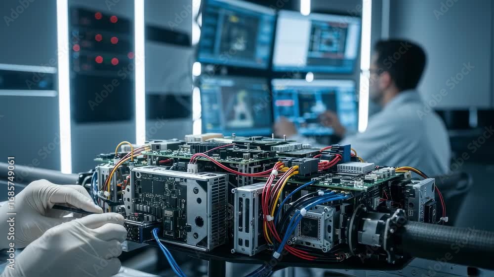 Poster closeup of military drone avionics being tested in a secure final integration lab with technicians m