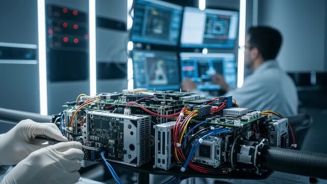 Closeup of military drone avionics being tested in a secure final integration lab with technicians monitoring electronic systems and wiring.