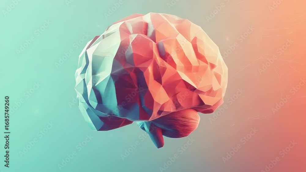 Poster polygonal human brain floating on gradient background representing artificial intelligence