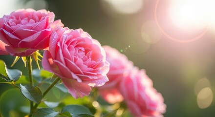 Obraz premium Delicate Pink Roses in Soft Morning Sunlight Gentle Dewdrops Sparkle