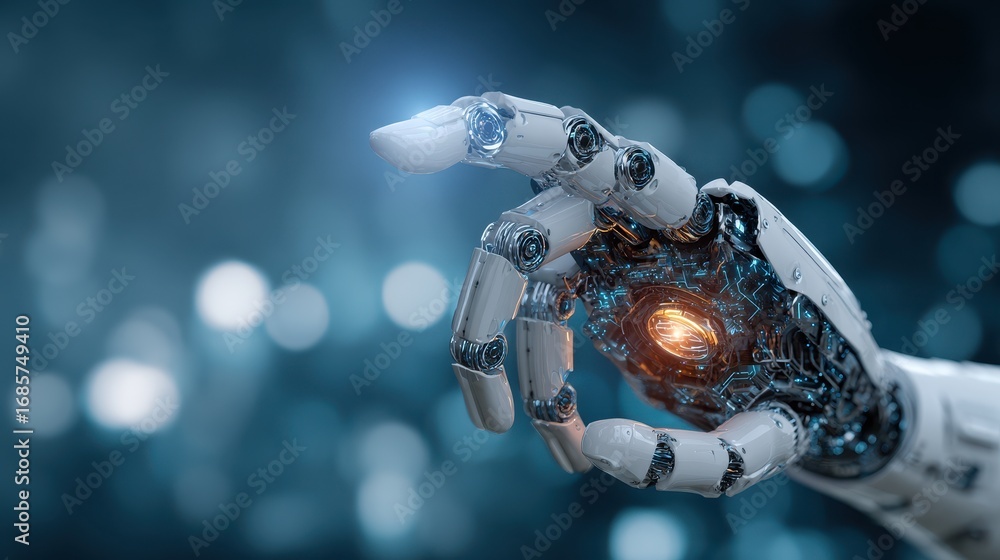Poster advanced robotic hand showcasing intricate design and glowing core in a futuristic setting with blur