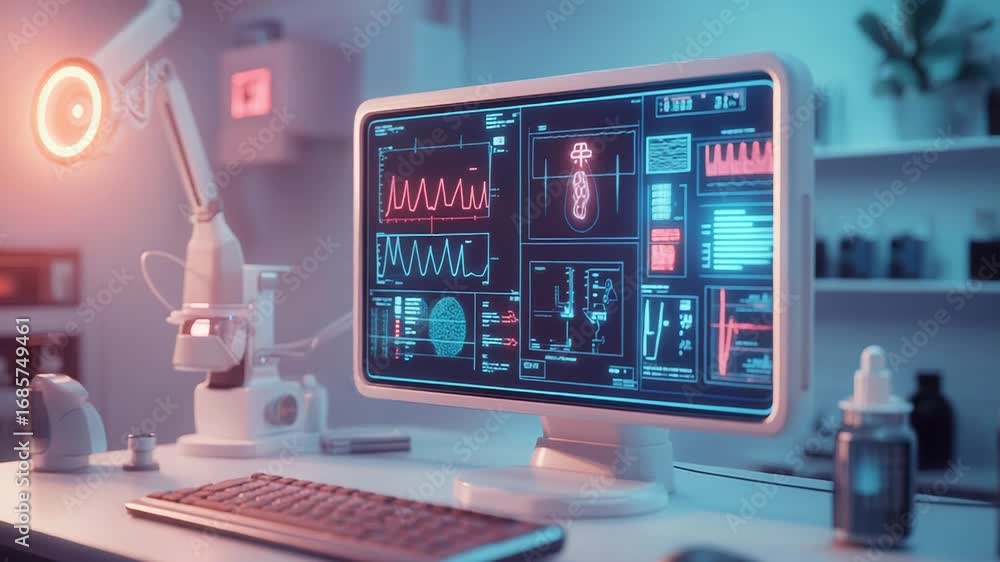 Poster futuristic laboratory computer displaying medical data and analysis information
