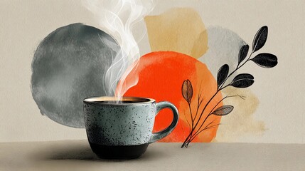 Warm cup of coffee placed on a neutral surface with abstract art in the background