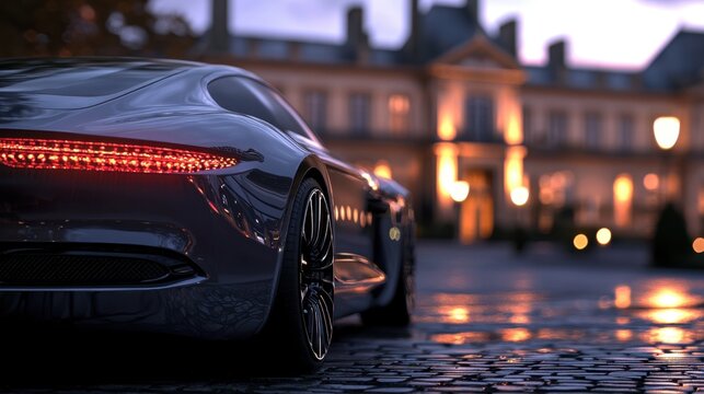 Sleek luxury car parked at an elegant mansion during twilight showcasing modern design and architecture