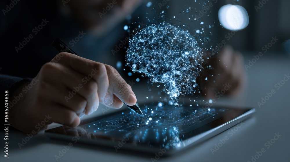 Poster creative digital brainstorming session showcasing a person interacting with a tablet and visualizing