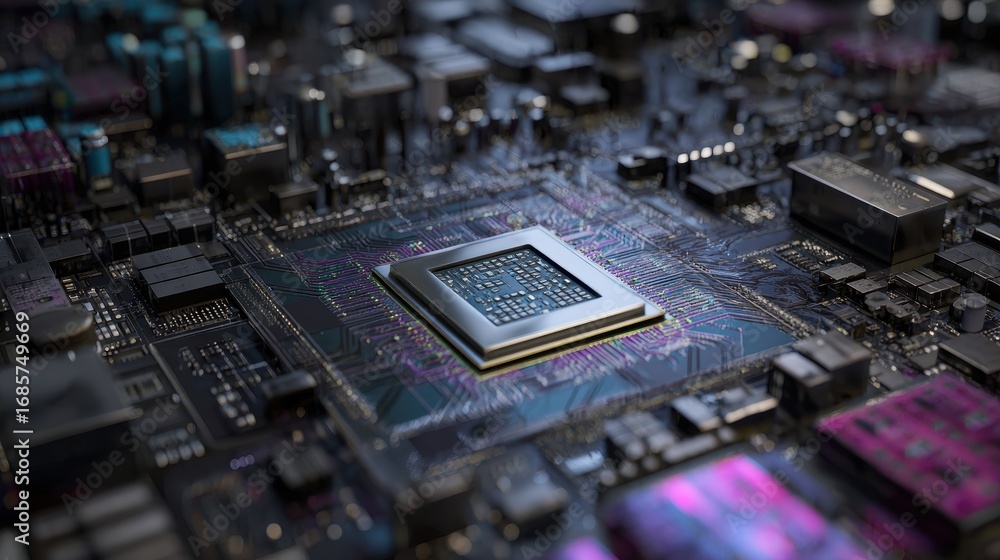 Poster close-up of a computer microprocessor on a circuit board during a technology project review in a mod